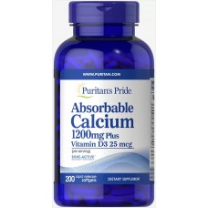 Кальций и витамин D3, Absorbable Calcium with Vitamin D3, Puritan's Pride, 1200 мг/1000 МЕ, 200 гелевых капсул
