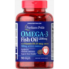Омега-3 рыбий жир + витамин D3, Omega-3 Fish Oil of Vitamin D3, Puritan's Pride, 1200/1000 МЕ, 90 гелевых капсул