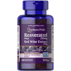Ресвератрол, Resveratrol, Puritan's Pride, 250 мг, с экстрактом красного вина, 60 гелевых капсул