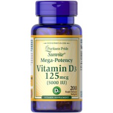 Витамин D3, Vitamin D3, Puritan's Pride, 125 мкг (5000 МЕ), 200 капсул