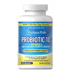 Пробиотик-10 с витамином D, Probiotic 10 with Vitamin D, Puritan's Pride, 20 млрд активных культур, для поддержки здоровья иммунной системы, 60 капсул