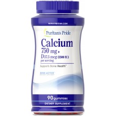 Кальций плюс витамин D3, Calcium + Vitamin D, Puritan's Pride, 750 мг/37,5 мкг (1500 МЕ), 90 жевательных конфет