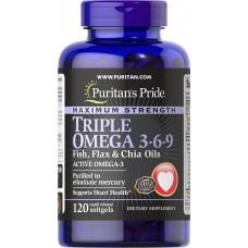 Омега 3-6-9, Triple Omega 3-6-9, Puritan's Pride, с рыбьим жиром, льняным маслом и маслом чиа, 120 гелевых капсул