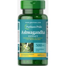 Ашвагандха, стандартизированный экстракт, Ashwagandha, Puritan's Pride, 500 мг, 60 капсул
