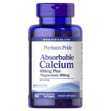 Кальций плюс магний, Absorbable Calcium plus Magnesium, Puritan's Pride, 600 мг/300 мг, 60 гелевых капсул