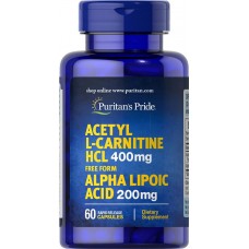 Ацетил-L-карнитин с альфа-липоевой кислотой, Acetyl L-Carnitine with Alpha Lipoic Acid, Puritan's Pride, 400 мг / 200 мг, 60 капсул