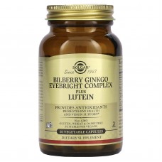 Черника, гинкго, очанка плюс лютеин, Bilberry Ginkgo Eyebright Complex Plus Lutein, Solgar, 60 растительных капсул