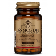 Фолат (фолиевая кислота), Folate as Folic acid,  Solgar, 666 мкг DFE (400 мкг), 100 таблеток