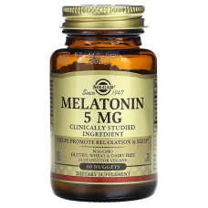 Мелатонин, Melatonin, Solgar, 5 мг, 60  таблеток для разжевывания