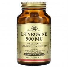 Тирозин, L-Tyrosine, Solgar, 500 мг, 100 вегетарианских капсул