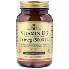Витамин D3 (холекальциферол), Vitamin D3 Cholecalciferol, Solgar, 125 мкг (5000 МЕ), 120 вегетарианских капсул