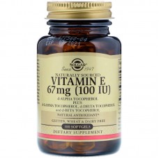 Витамин Е, Vitamin E, Solgar, натуральный, 67 мг (100 МЕ), 100 гелевых капсул