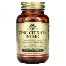 Цитрат цинка, Zinc Citrate, Solgar, 30 мг, 100 капсул