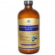 Кальций Магний + Д3, Calcium Magnesium Vitamin D3, Solgar, цитрат, вкус черники, жидкий, 473 мл.