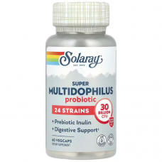 Пробиотики, Super Multidophilus 24, Solaray, 30 млрд КОЕ, 60 вегетарианских капсул, покрытых кишечнорастворимой оболочкой (15 млрд КОЕ в 1 капсуле)