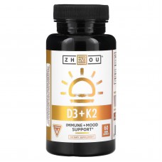 Витамин D3 и К2, Vitamin K2 + D3, Zhou Nutrition, 60 вегетарианских капсул