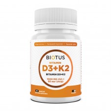 Витамин D3+К2, Vitamin D3+K2, Biotus, 1000 МЕ/50 мкг, 60 капсул