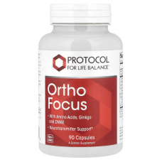 Поддержка работы мозга и когнитивных функций, Ortho Focus, Protocol for Life Balance, С аминокислотами, гинкго и ДМАЭ, 90 капсул