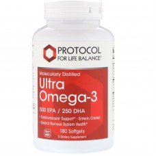 Омега-3 ультра, Ultra Omega-3, Protocol for Life Balance, молекулярно-дистиллированная, 500 EPA / 250 DHA, 180 мягких желатиновых капсул