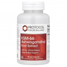 Ашваганда KSM-66, KSM-66 Ashwagandha, Protocol for Life Balance, экстракт корня, 600 мг, 90 растительных капсул