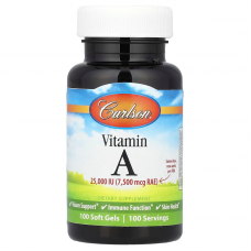 Витамин А, Vitamin A, Carlson, 7500 мкг RAE (25 000 МЕ), 100 гелевых капсул Витамин А, Vitamin A, Carlson, 7500 мкг RAE (25 000 МЕ), 100 гелевых капсул