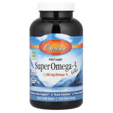 Рыбий жир, Super Omega -3, Carlson, 1200 мг, 250 гелевых капсул Рыбий жир, Super Omega -3, Carlson, 1200 мг, 250 гелевых капсул
