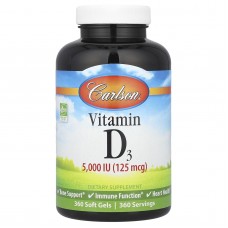 Витамин D-3, Vitamin D3, Carlson, 125 мкг (5000 МЕ), 360 гелевых капсул Витамин D-3, Vitamin D3, Carlson, 125 мкг (5000 МЕ), 360 гелевых капсул