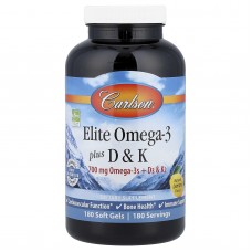 Омега 3 + витамин D3 и витамин К, Elite Omega-3 Plus D & K, Carlson, натуральный лимон, 180 гелевых капсул Омега 3 + витамин D3 и витамин К, Elite Omega-3 Plus D & K, Carlson, натуральный лимон, 180 гелевых капсул