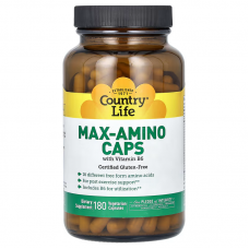 Аминокислоты с витамином В6, Max-Amino, Country Life, 180 веганских капсул Аминокислоты с витамином В6, Max-Amino, Country Life, 180 веганских капсул