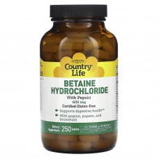 Бетаина гидрохлорид, Betaine Hydrochloride, Country Life, 600 мг, 250 таблеток Бетаина гидрохлорид, Betaine Hydrochloride, Country Life, 600 мг, 250 таблеток