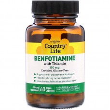 Бенфотиамин c тиамином, Benfotiamine, Country Life, 150 мг, 60 веганских капсул Бенфотиамин c тиамином, Benfotiamine, Country Life, 150 мг, 60 веганских капсул