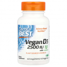 Вітамін D3, D3 with Vitashine D3, Doctor's Best, 62,5 мкг (2500 МО), 60 веганських капсул