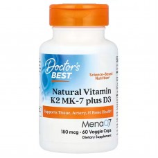 Витамин K2 (MK-7) плюс D3, Natural Vitamin K2 Plus D3 with MK-7, Doctor's Best, 180 мкг, 60 вегетарианских капсул Витамин K2 (MK-7) плюс D3, Natural Vitamin K2 Plus D3 with MK-7, Doctor's Best, 180 мкг, 60 вегетарианских капсул