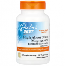 Магний лизинат-глицинат, High Absorption Magnesium, Doctor's Best, 100% хелатный, 105 мг, 120 вегетарианских капсул (52.5 мг в капсуле) Магний лизинат-глицинат, High Absorption Magnesium, Doctor's Best, 100% хелатный, 105 мг, 120 вегетарианских капсул (52.5 мг в капсуле)