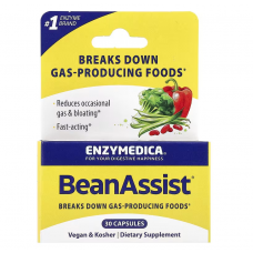 Фермент для переваривания сложных углеводов, BeanAssist, Enzymedica, 30 капсул Фермент для переваривания сложных углеводов, BeanAssist, Enzymedica, 30 капсул
