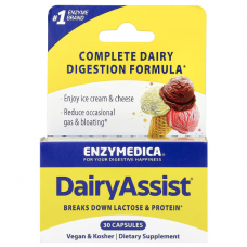 Ферменти для перетравлення лактози, DairyAssist, Enzymedica, для веганів, 30 капсул Ферменти для перетравлення лактози, DairyAssist, Enzymedica, для веганів, 30 капсул