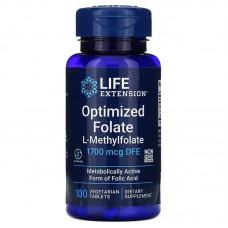 Фолат, Optimized Folate, Life Extensions, оптимизированный, 1700 мкг DFE, 100 вегетарианских таблеток Фолат, Optimized Folate, Life Extensions, оптимизированный, 1700 мкг DFE, 100 вегетарианских таблеток