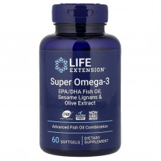 Омега-3, Super Omega-3, Life Extension, риб'ячий жир EPA/DHA, лігнани кунжуту та екстракт оливок, 60 гелевих капсул