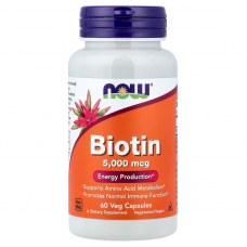 Біотин, Biotin, NOW Foods, 5000 мкг, 60 рослинних капсул