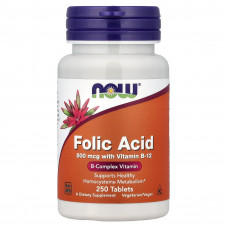 Фолієва кислота і вітамін В-12, Folic Acid, Now Foods, 800 мкг, 250 таблеток