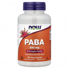 ПАБК (пара-амінобензойна кислота), PABA, NOW Foods, 500 мг, 100 вегетаріанських капсул