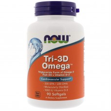 Рыбий жир в капсулах + D3, Tri-3D Omega, Now Foods, 330 EPA/220 DHA, 90 гелевых капсул