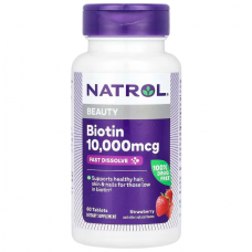 Биотин, Biotin, Natrol, клубника, 10000 мкг, 60 таблеток Биотин, Biotin, Natrol, клубника, 10000 мкг, 60 таблеток