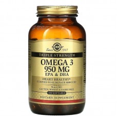 Омега-3, рыбий жир, Omega-3, EPA & DHA, Solgar, тройная сила, 950 мг, 100 гелевых капсул Омега-3, рыбий жир, Omega-3, EPA & DHA, Solgar, тройная сила, 950 мг, 100 гелевых капсул