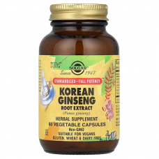 Женьшень корейський, Korean Ginseng, Solgar, екстракт коріння, 60 вегетаріанських капсул