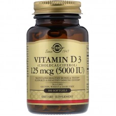 Витамин D3 (холекальциферол), Vitamin D3, Solgar, 125 мкг (5000 МЕ), 100 гелевых капсул Витамин D3 (холекальциферол), Vitamin D3, Solgar, 125 мкг (5000 МЕ), 100 гелевых капсул