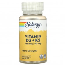 Витамины D3 и К2, Vitamin D-3 + K-2, Solaray, без сои, 120 капсул Витамины D3 и К2, Vitamin D-3 + K-2, Solaray, без сои, 120 капсул