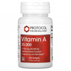 Вітамін А, Vitamin A, Protocol for Life Balance, 7500 мкг (25 000 МО), 100 гелевих капсул