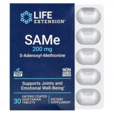 S-Аденозил-метіонін, S-Adenosyl-Methionine (SAMe), Life Extension, 200 мг, 30 вегетаріанських таблеток з кишковорозчинною оболонкою